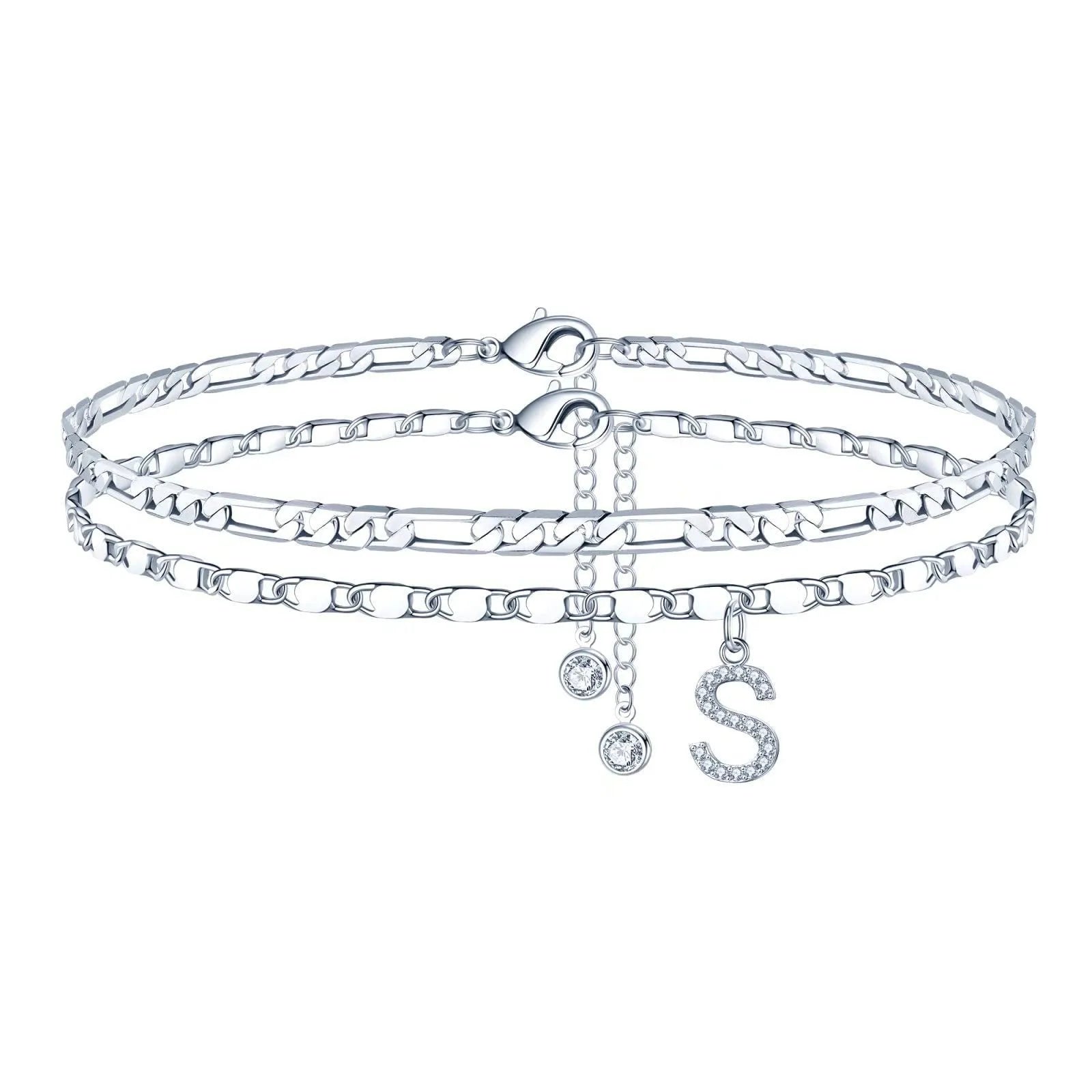Silver-coloured double-circle bead copper anklet showing alphabet letter modelling on ankle.