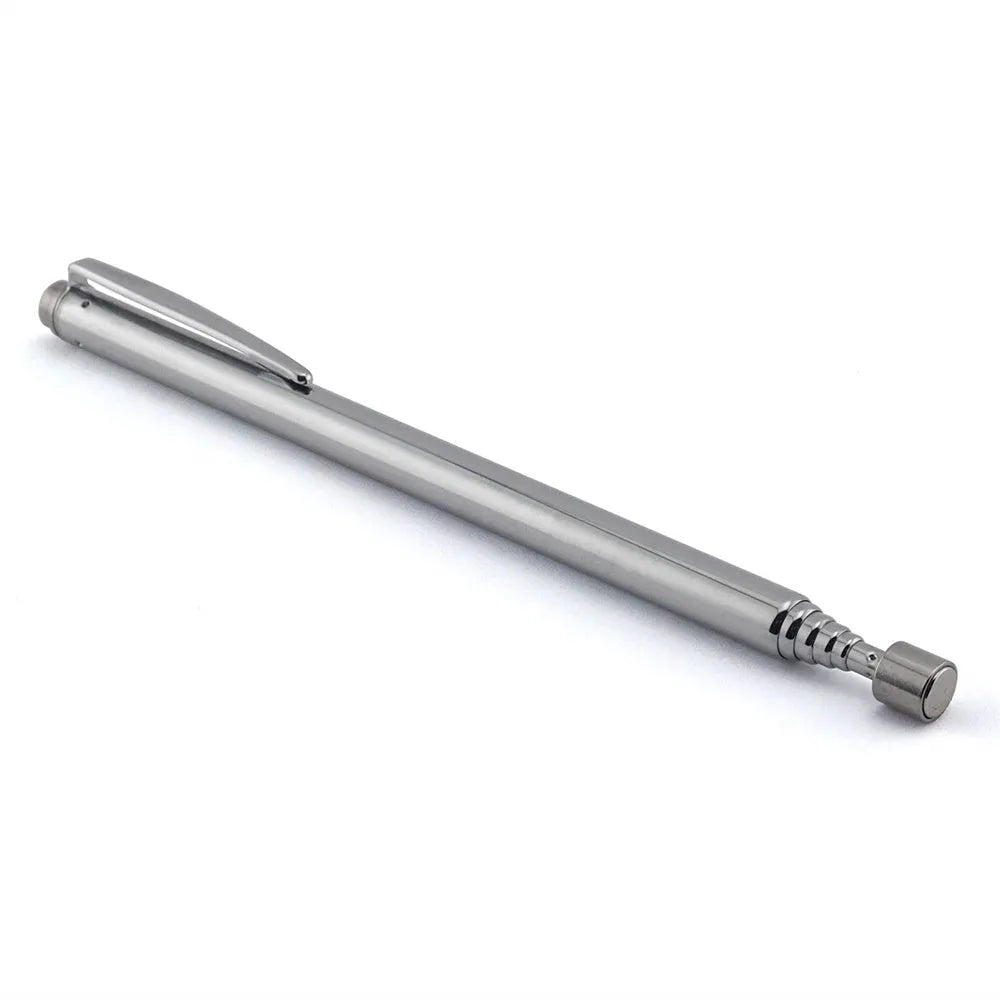 Stainless steel retractable magnetic pickup tool extended to 53cm with permanent magnet head on black background