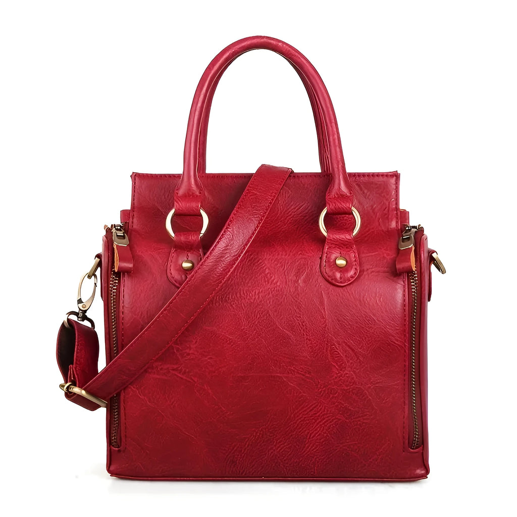 Large capacity genuine leather handbag with horizontal square shape, single shoulder strap, light brown or red