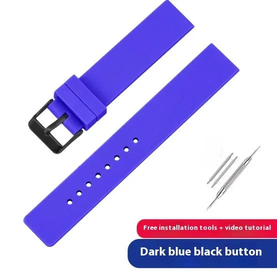 Silicone watch strap in black with silver buckle available in 12mm to 24mm widths