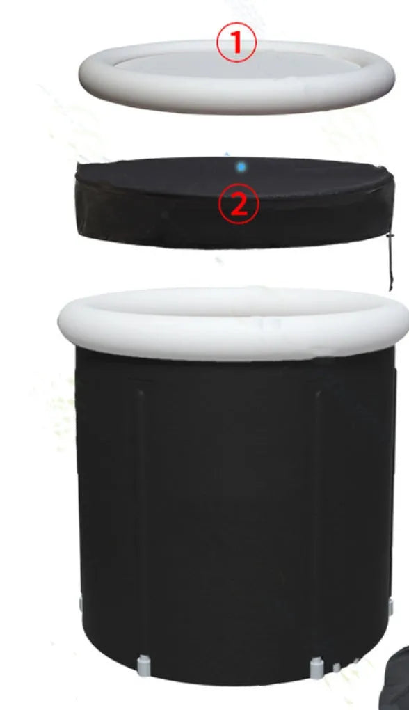 Black inflatable portable ice bath tub with elasticated cover, shown with air pump and drainage accessories