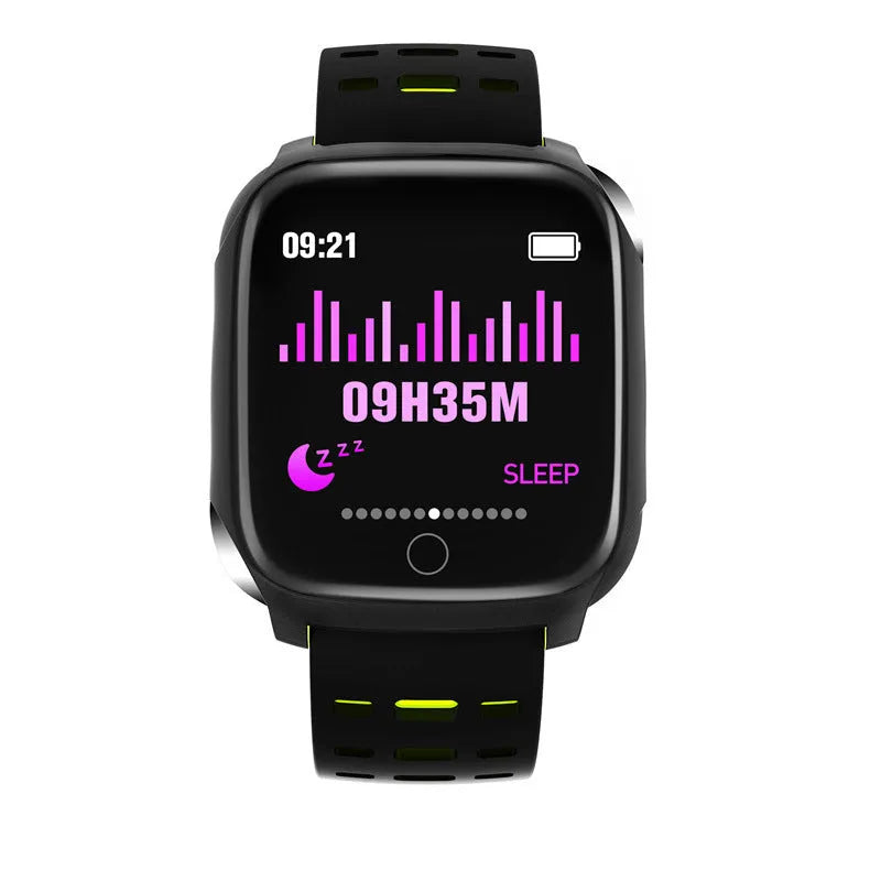 F16 Smart Watch with ECG and blood pressure monitoring on a silicone wristband in black colour options.