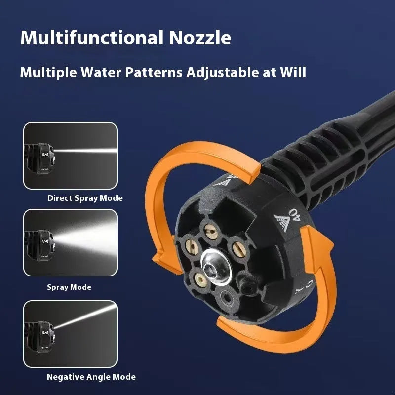 Green wireless high-pressure water gun with multiple nozzle attachments on a garden patio.