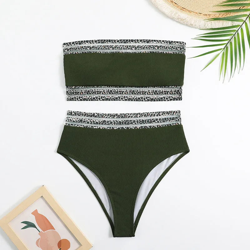 Black strapless swimsuit with leopard print detail on the briefs.