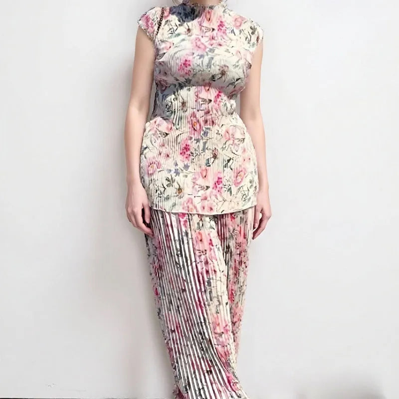 Women's long sleeve printed chiffon two-piece dress set with high waist skirt.