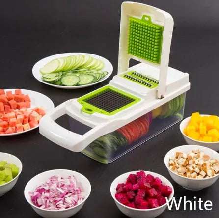 Multi-blade vegetable cutter with wheat straw body and seven stainless steel blades for slicing and dicing on a kitchen counter.