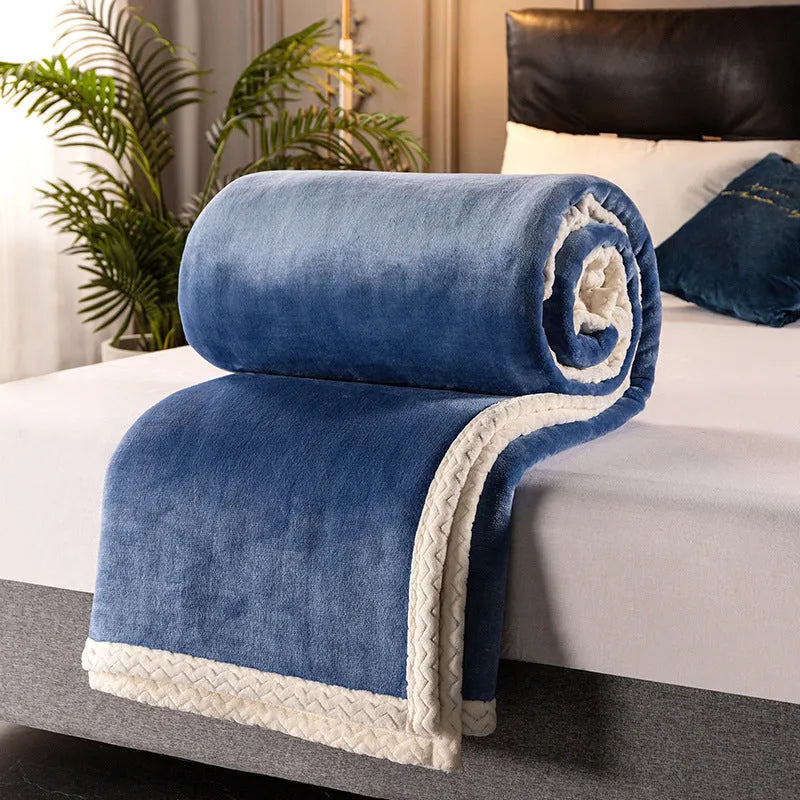 Double fleece blanket in thick 530gsm polyester, plain modern style, shown in blue colour option