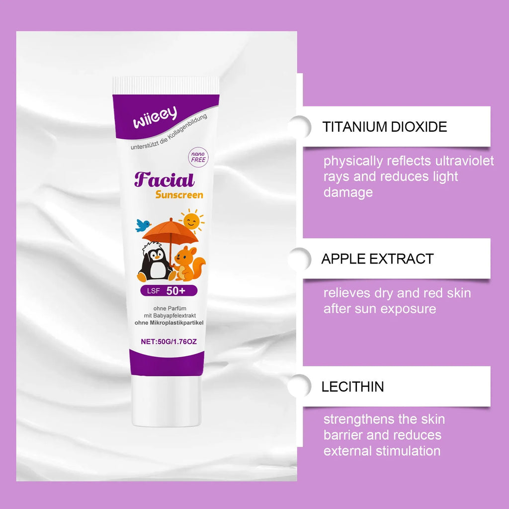 50g summer sunscreen cream tube with broad spectrum UVA UVB protection containing titanium dioxide and apple extract