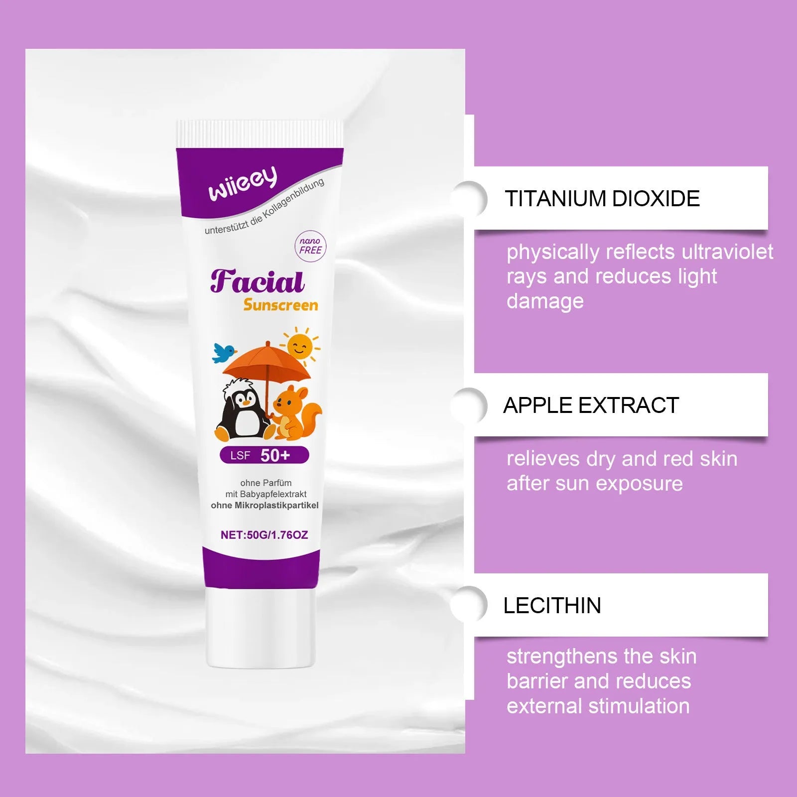 50g summer sunscreen cream tube with broad spectrum UVA UVB protection containing titanium dioxide and apple extract