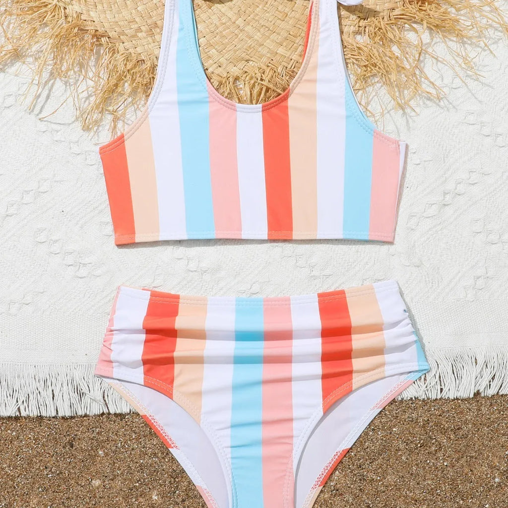 Girls' plaid pattern swimsuit briefs with separate bra and panties components