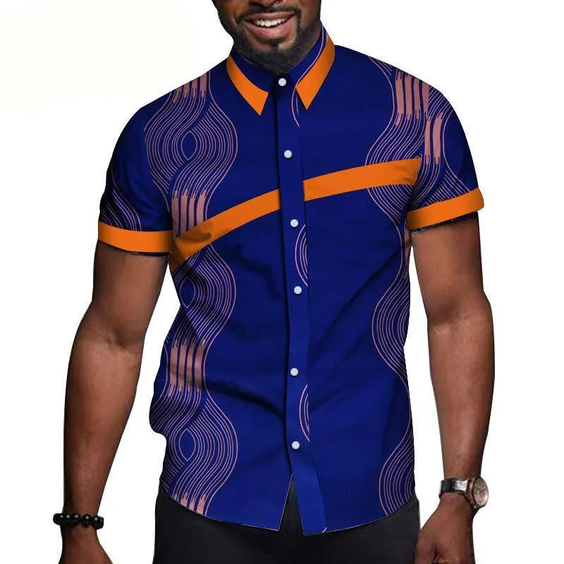 African men cotton colourblock short sleeve top with lapel collar in available colours