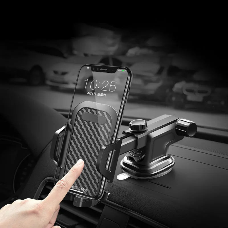 Black universal car phone holder for mobile devices between 4 and 7 inches.