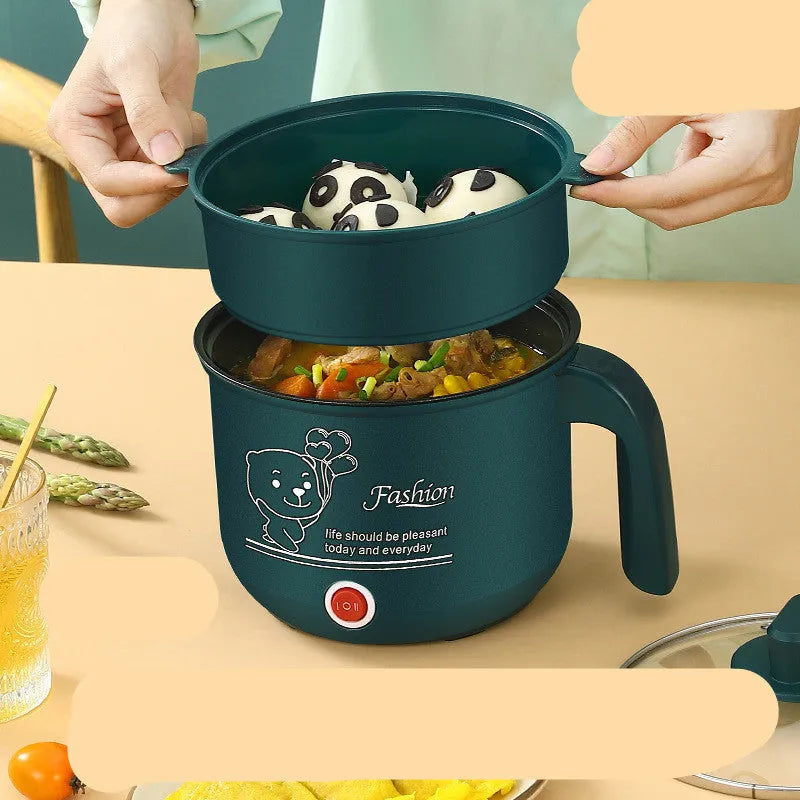 Emerald green multifunctional electric cooker with stainless steel liner, 1.8L capacity, on a kitchen counter