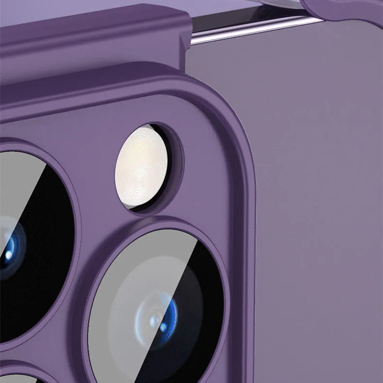 Dark purple TPU iPhone case showing corner pads and glass film over the camera lenses.