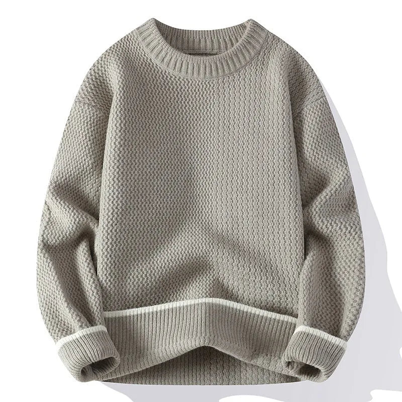 Grey loose fit men's long sleeve pullover sweater for casual autumn wear