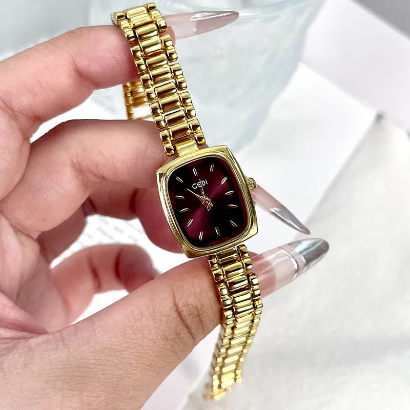 Small gold watch with alloy strap and case, 8mm thick, gold band and choice of four face colours