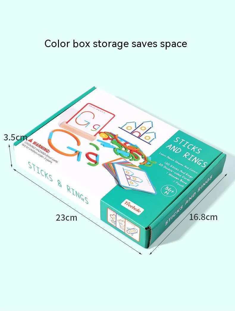 Wooden children's logical thinking puzzle board with stick and ring design, 23 x 16.8 x 3.5 cm, in colour box