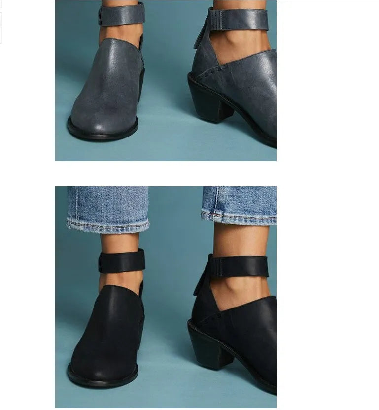 Women's cut out booties with buckle strap and back zipper in black, side view showing vintage round toe and 3-5cm heel
