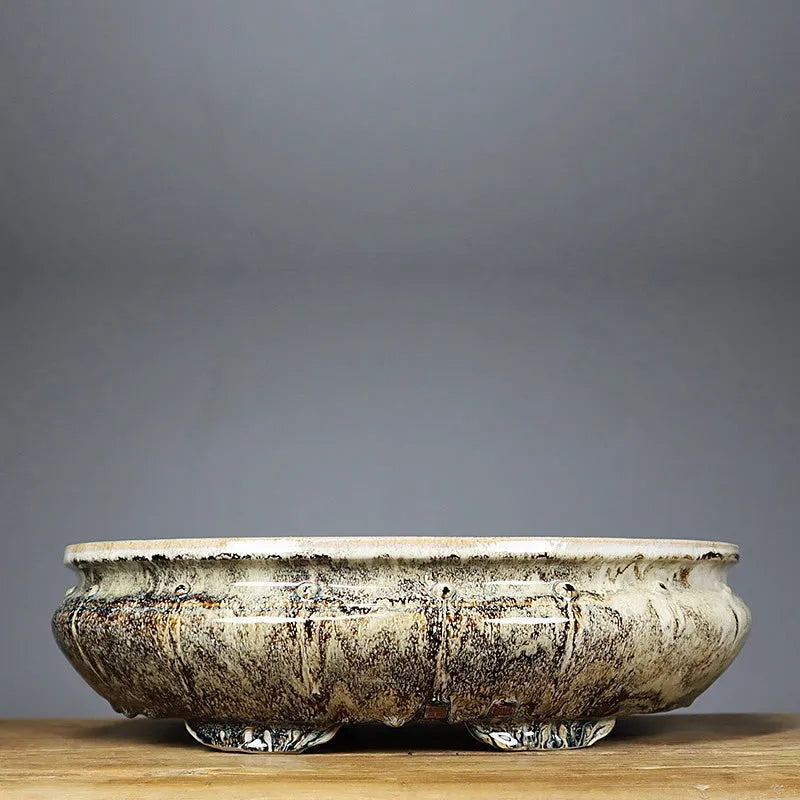 Handmade ceramic flower pot with 48cm diameter in dark Kun glaze from Guangdong Foshan