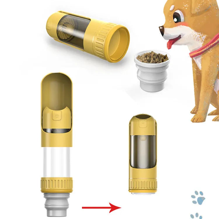Dark blue portable dog water bottle with built-in bowl and leak-proof cap.