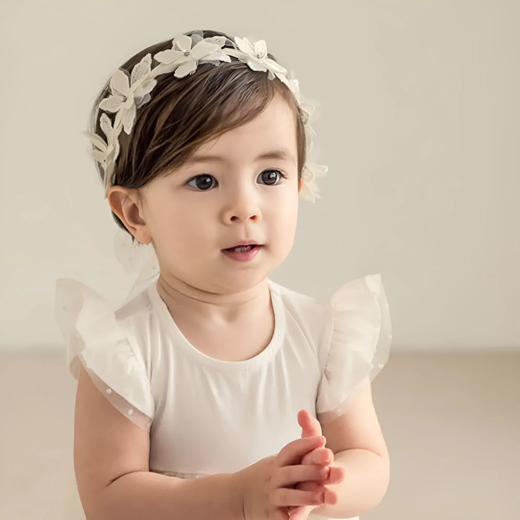 Baby girls cute bow-knot headband with soft lace floral trim, elastic design, 8-22 inches