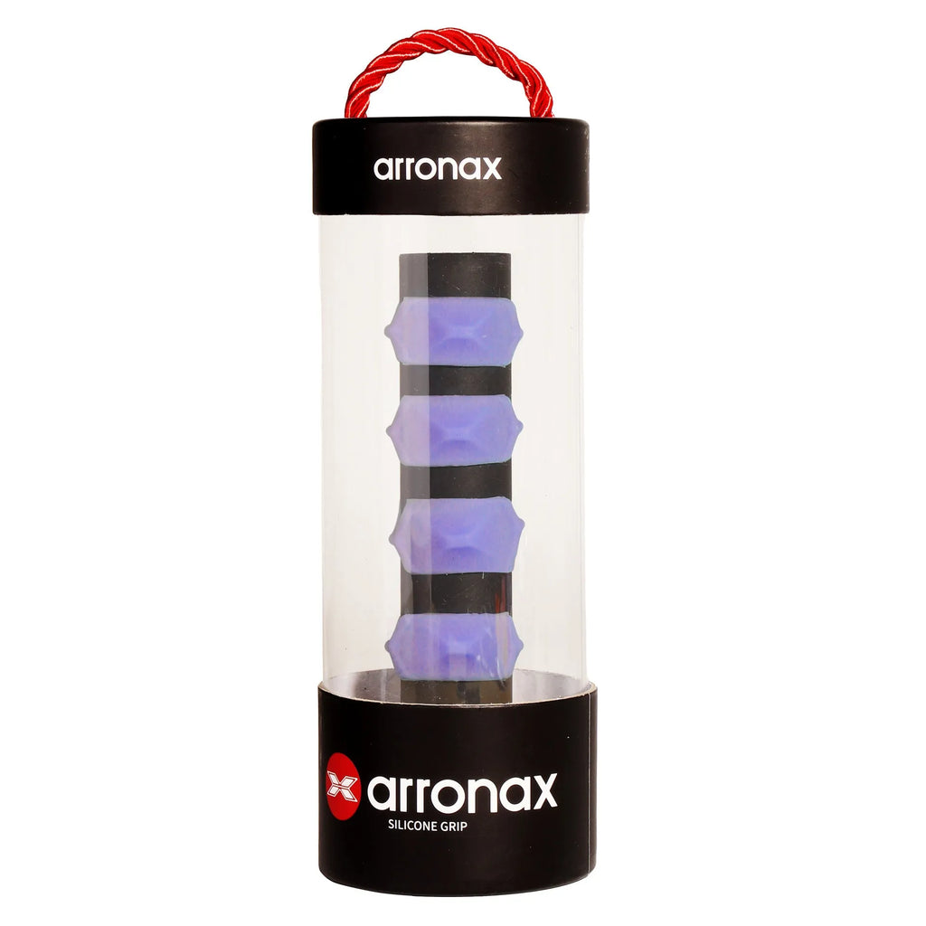 Silicone racquet hand rubber buckle in seven colour options shown next to a tennis racket.