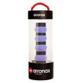 Silicone racquet hand rubber buckle in seven colour options shown next to a tennis racket.