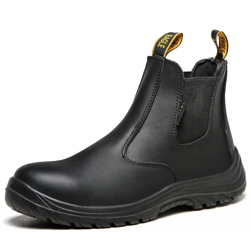 Black high-top leather safety work boots with anti-piercing sole protection.