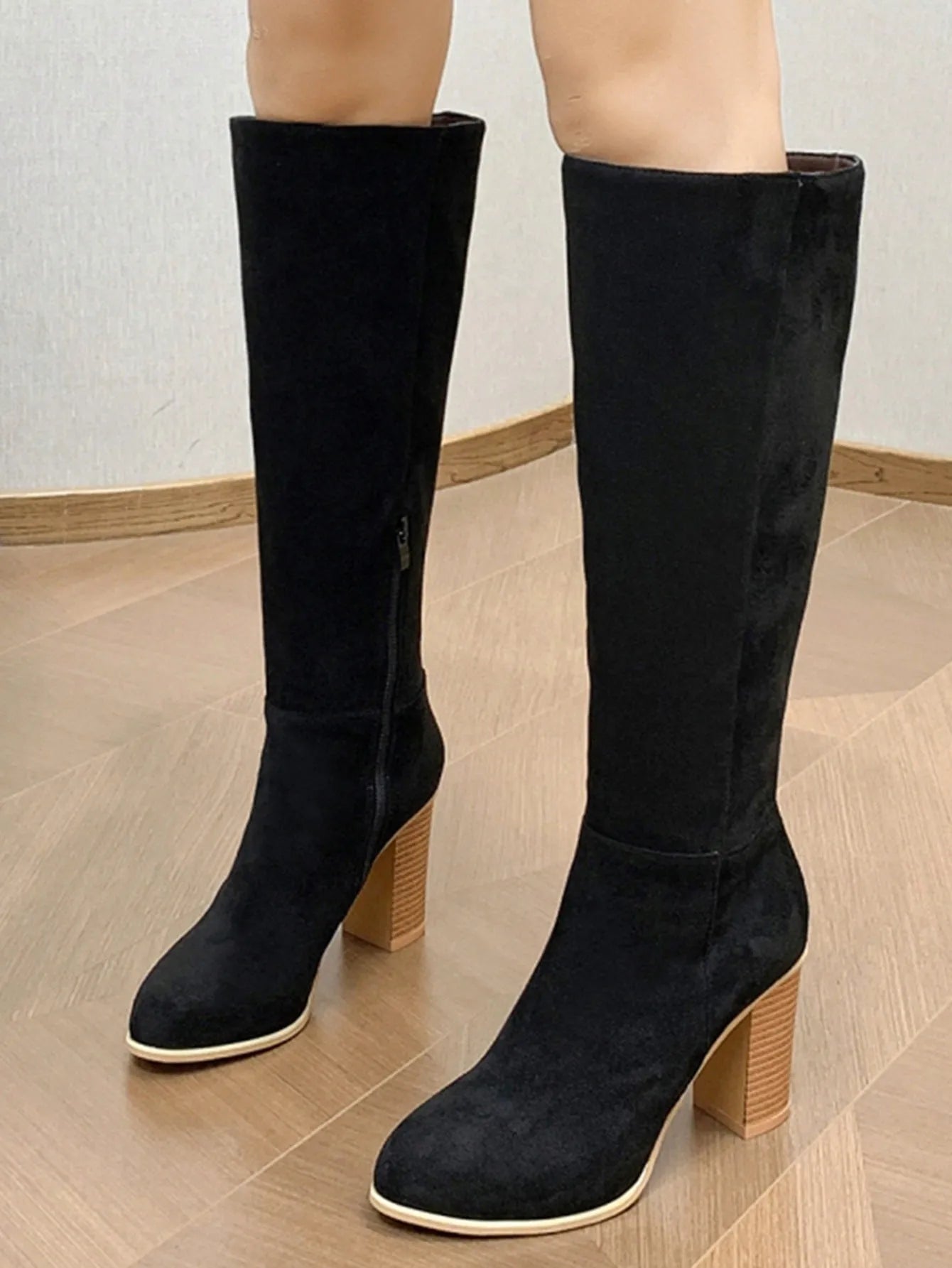 Women's black square toe high heel fashion boots in artificial PU leather