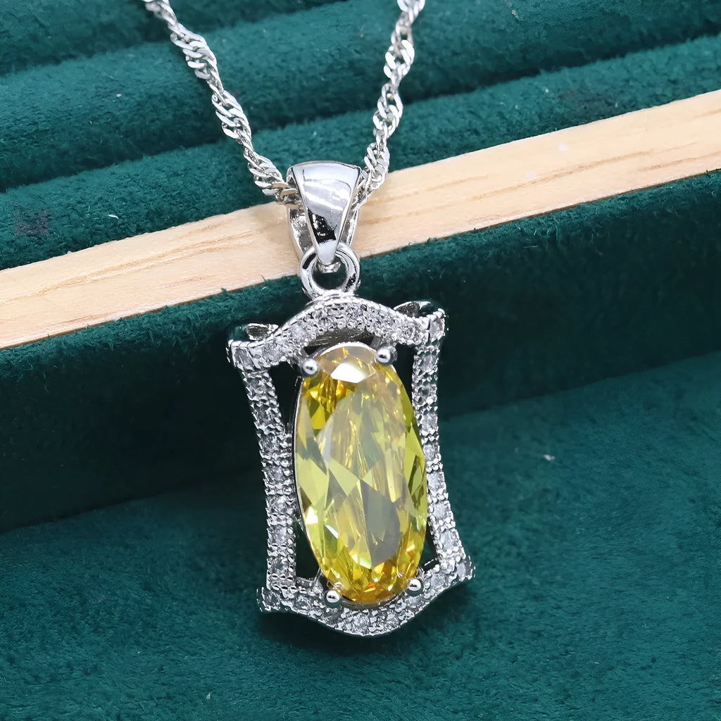 Yellow gold-tone anti-allergy alloy zircon jewellery set showing necklace, earrings, ring, and bracelet.