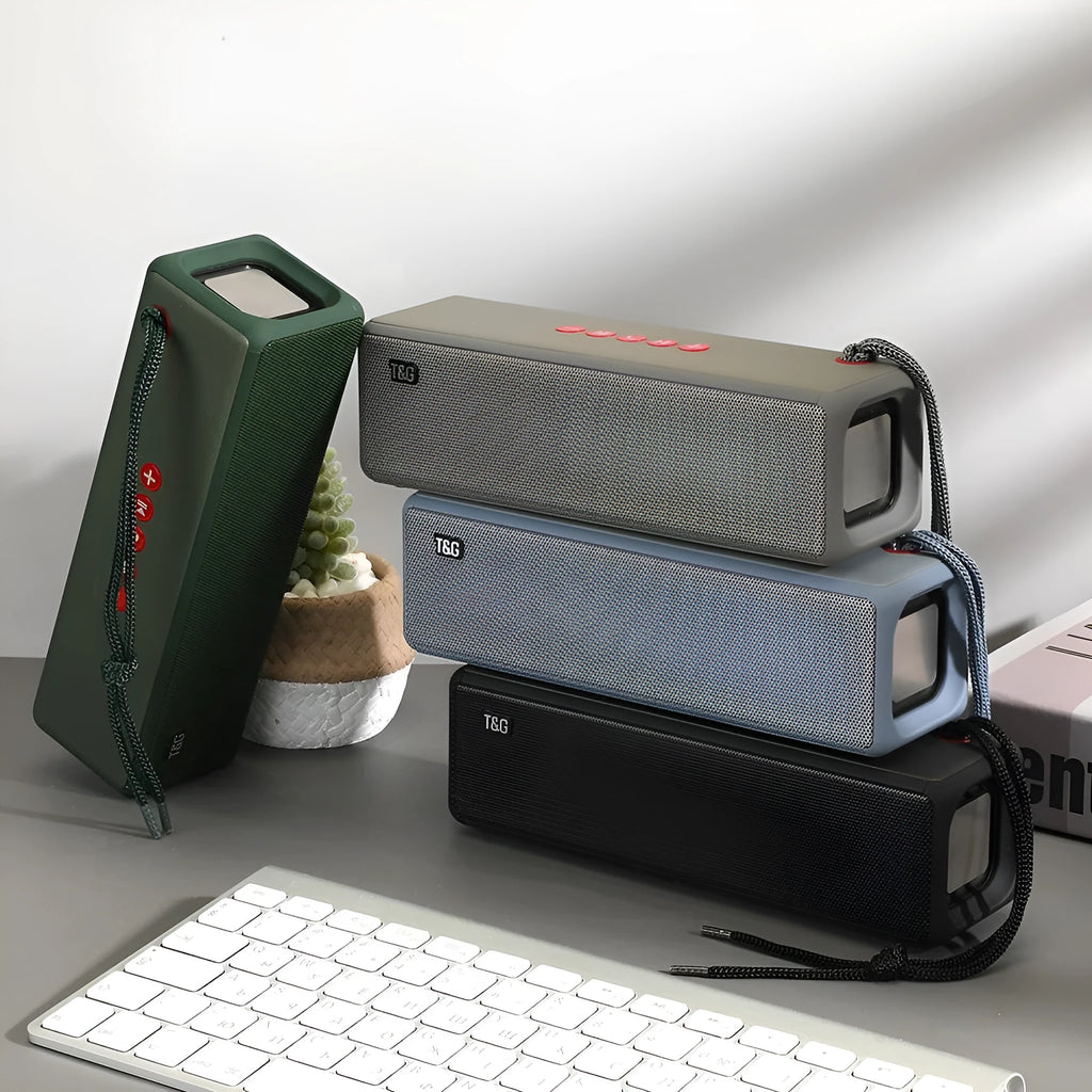 Square portable Bluetooth mini speaker in black with braided rope, dual speakers, and control buttons