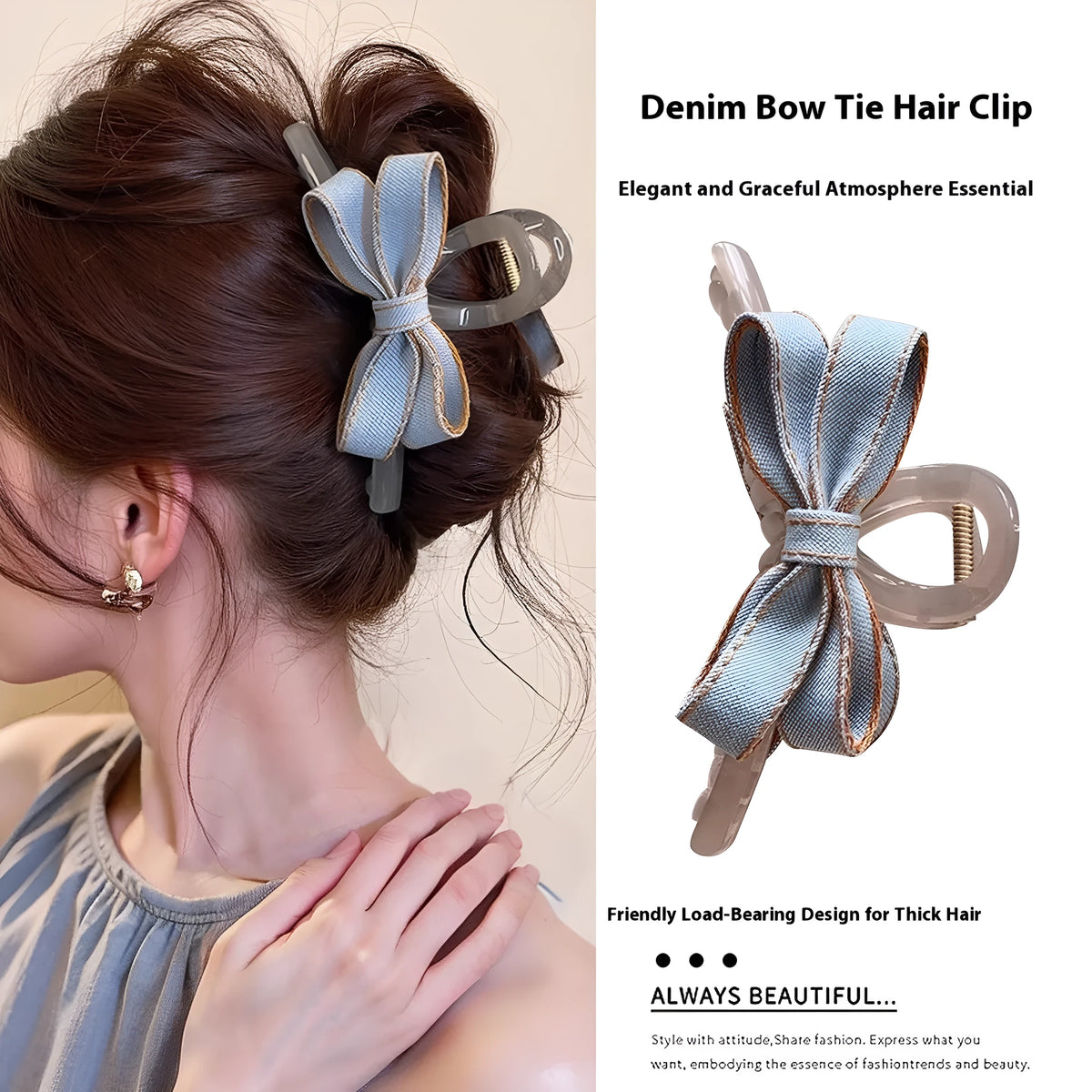 Denim blue bow hair barrette for women with metal clip, shown as a cloth bow hair accessory