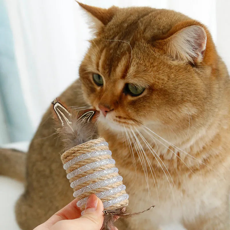 Beige cat toy with real feathers attached to hemp rope scratching surface and integrated claw roller