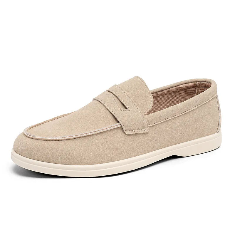 Men's suede casual shoes in four colours with low flat heel and vulcanised rubber sole