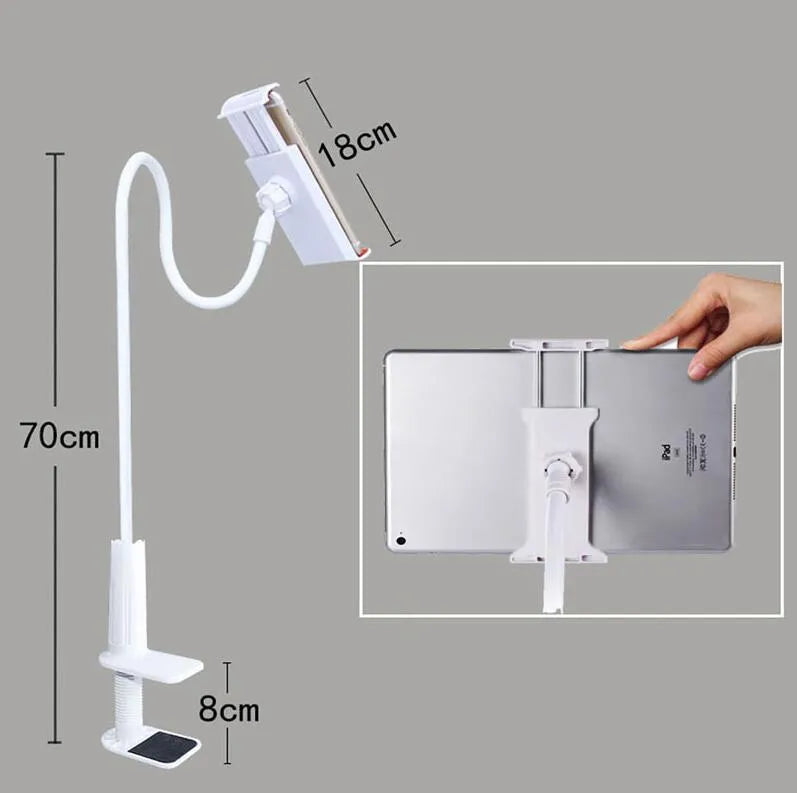Black aluminium alloy bedside phone stand with a long arm on a wooden table.