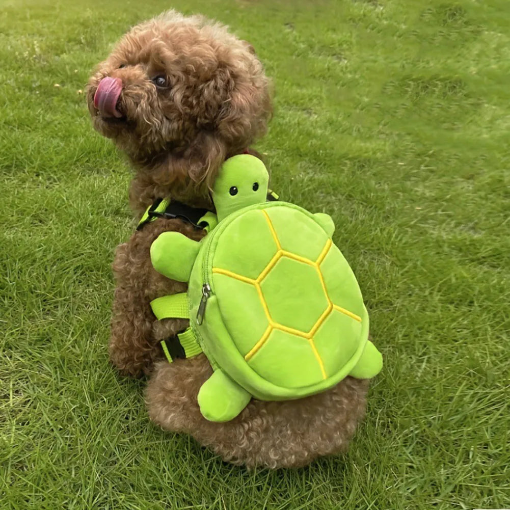 Brown turtle-shaped velvet dog backpack with metal zipper functioning as pet harness vest