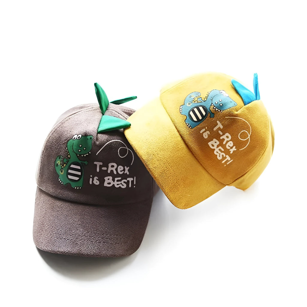 T-Rex dinosaur kids hat in black with adjustable strap, side view showing dinosaur face graphic