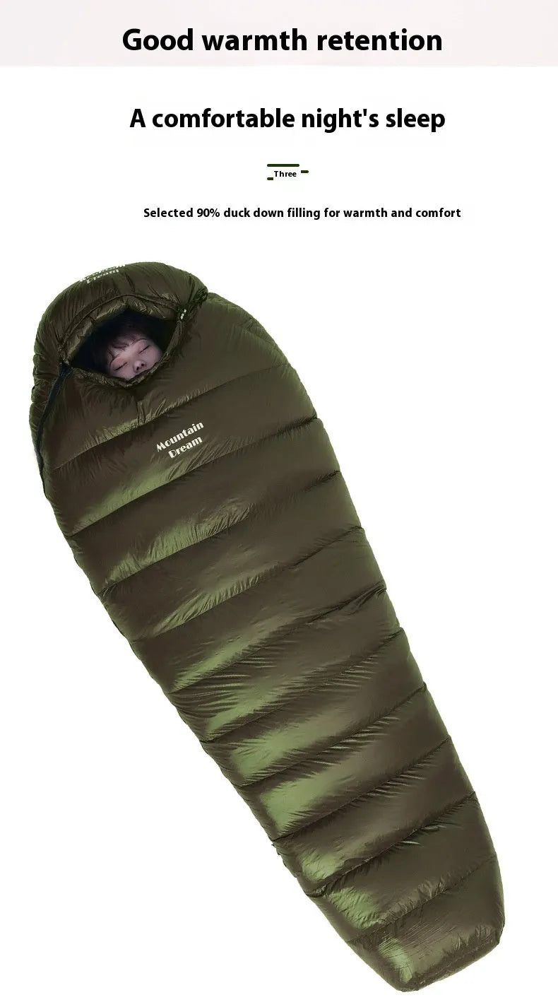 Ultralight mummy sleeping bag in army green colour with white duck down fill.