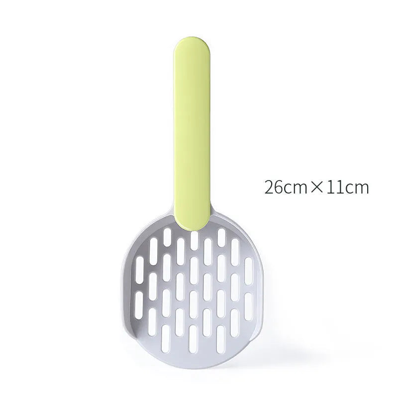 Blue plastic cat litter scoop shovel with fine mesh sieve slots and ergonomic handle for litter box cleaning