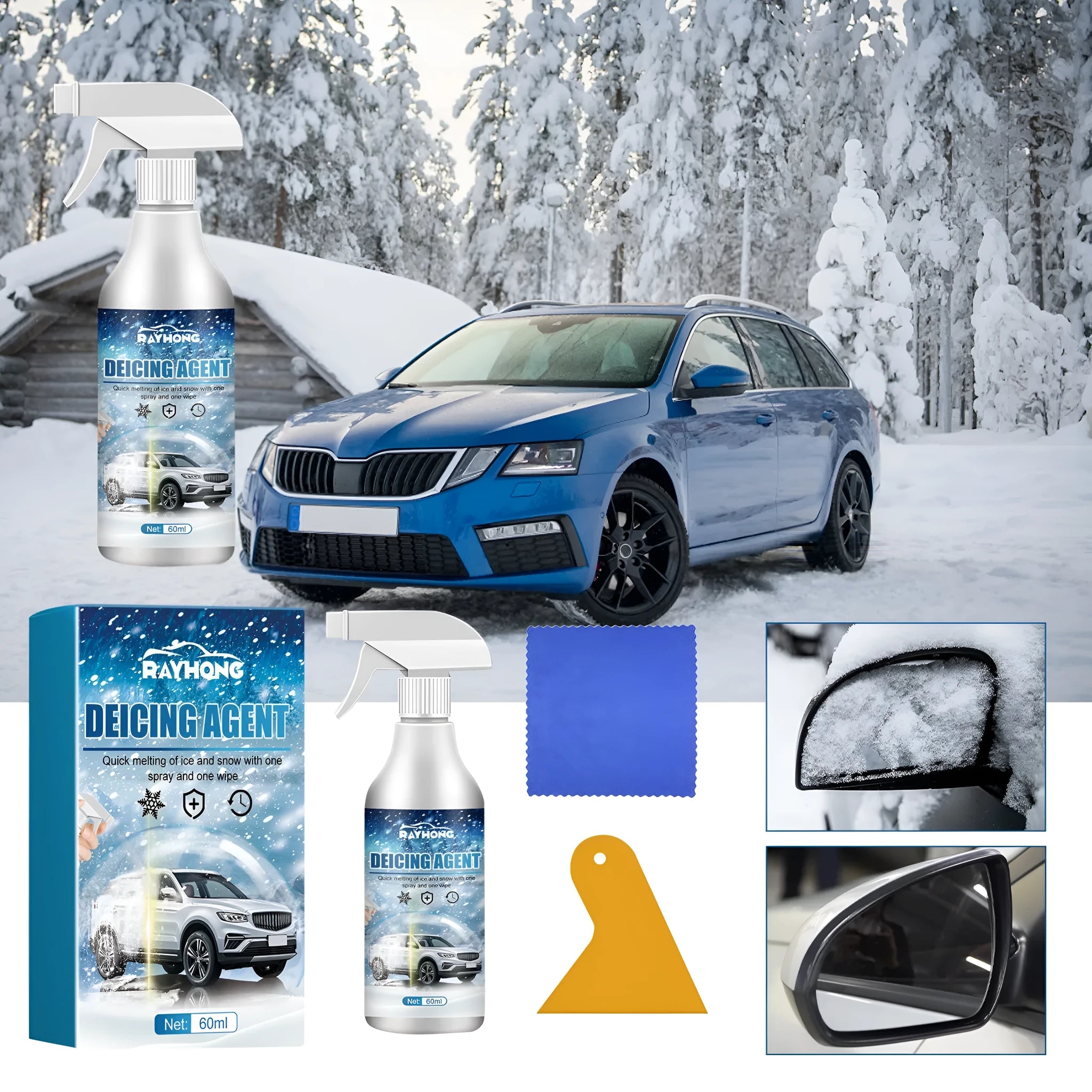 60ml car ice melting spray bottle and cloth scraper for winter windscreen defrosting.