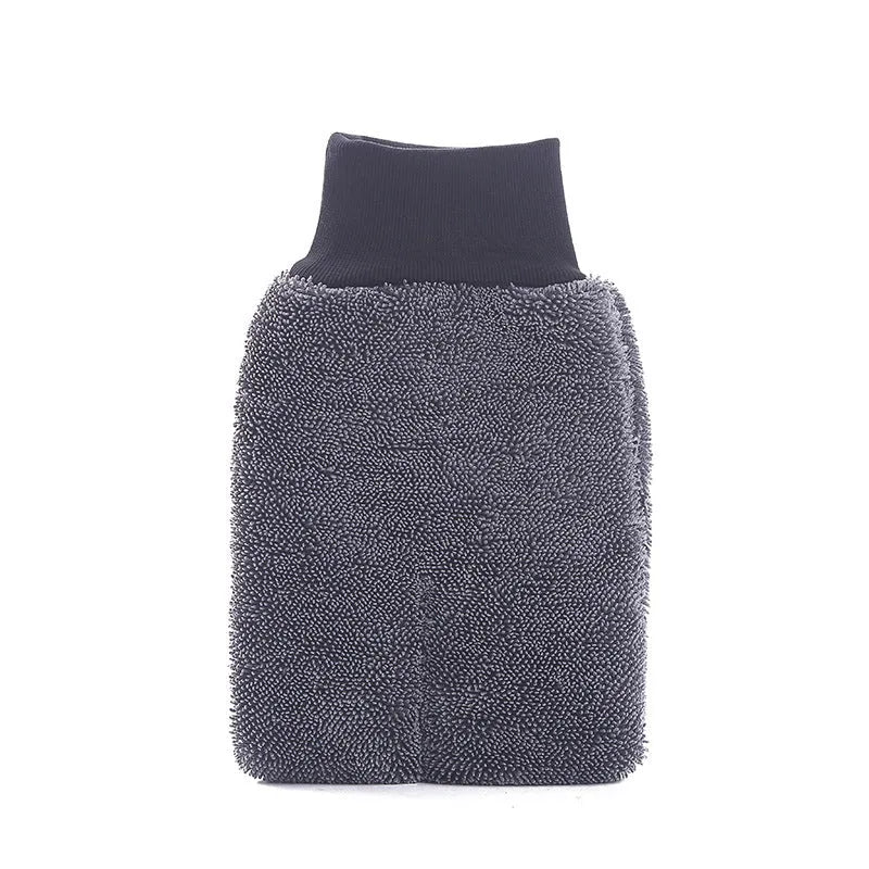 Pair of grey microfibre car cleaning gloves, 16cm x 26cm, with twisted braid spiral hair texture