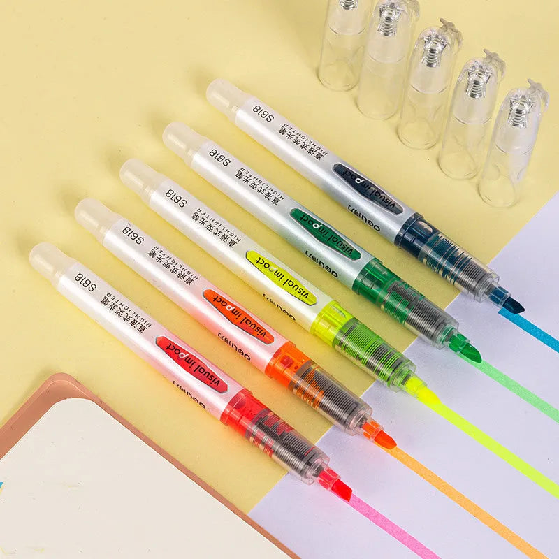 Deli S605 highlighter pen set showing six macaron coloured pens with oblique fibre nibs