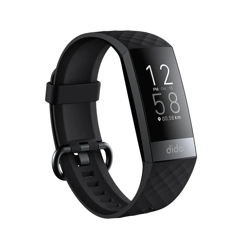 Black smart health bracelet with 1.1-inch screen displaying ECG graph, blood pressure, and heart rate readings on wrist.