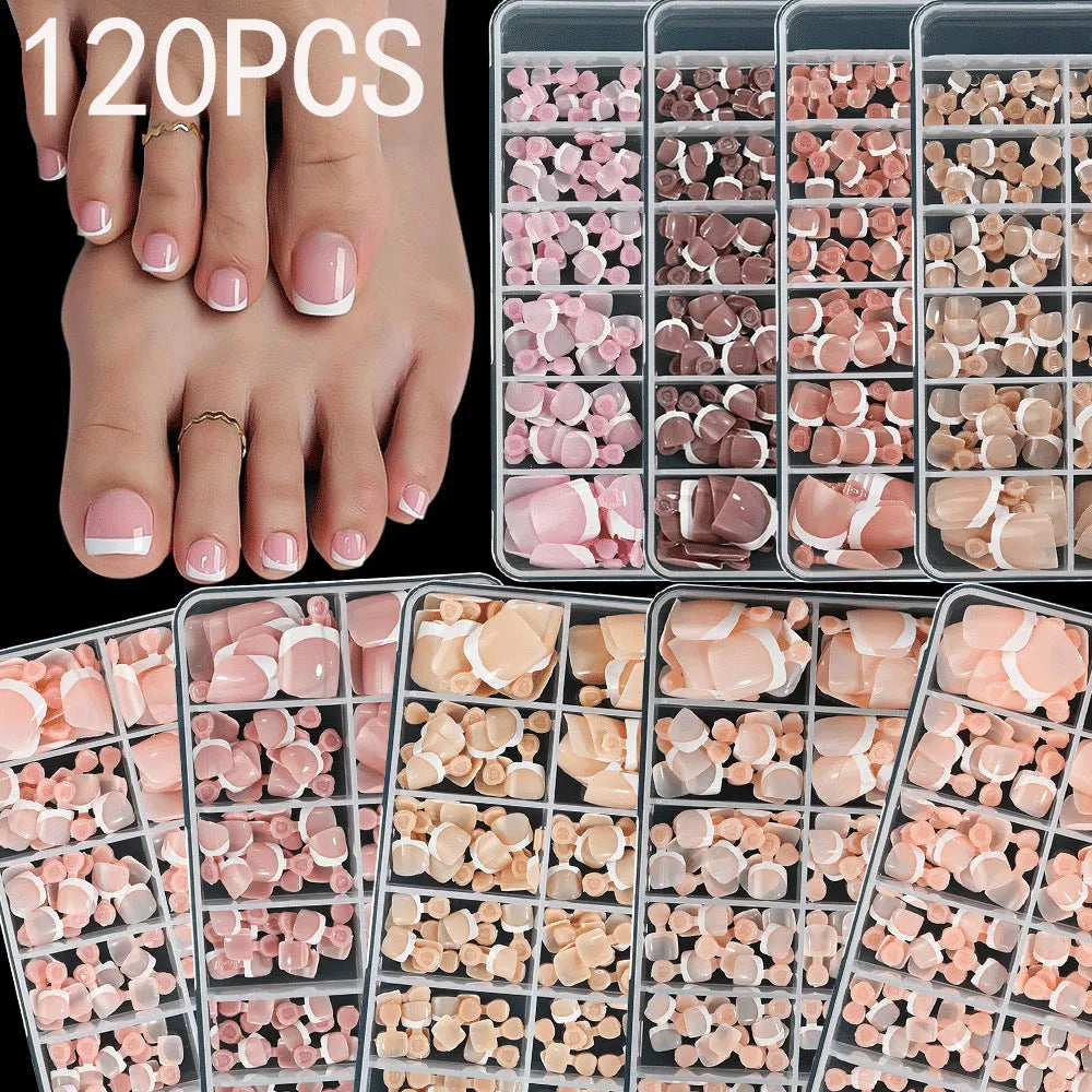 Box of 120 French style nude square artificial toe nail pieces in nine colour shades
