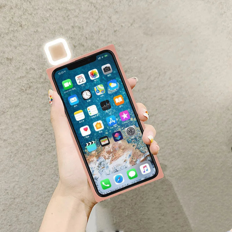 Ring flash mobile phone back cover case for Apple iPhone 13 models in pink, green, and white colours