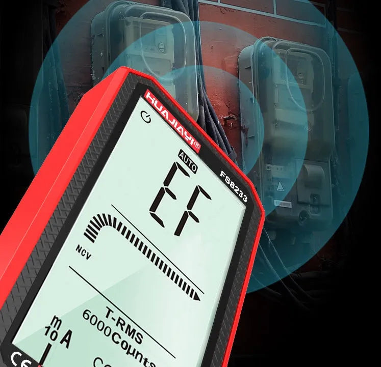 Large screen digital handheld multimeter showing measurement display with automatic functionality