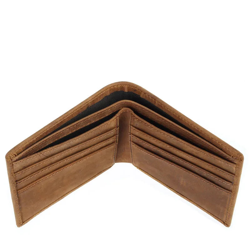 Brown horse leather men's ultra-thin short wallet with retro European style and card slots