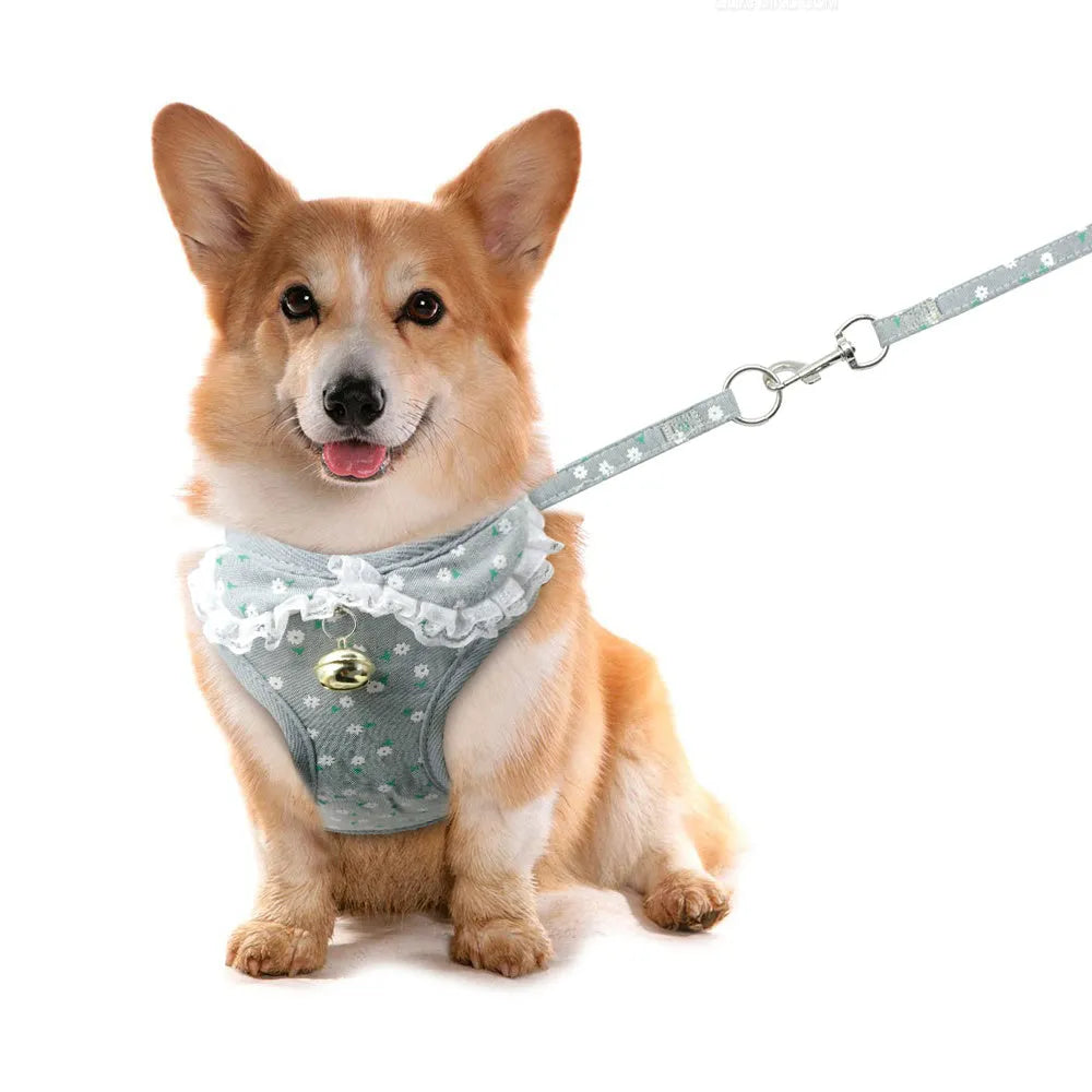 Pink bell dog chest harness in canvas and polyester mesh with 120 cm rope, sizes S to XL