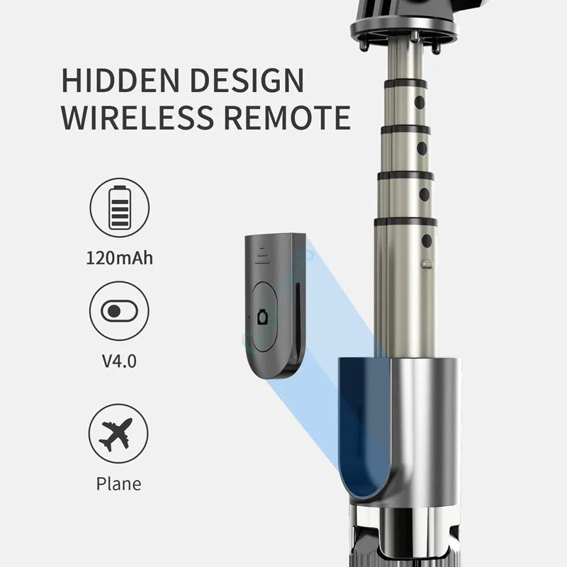 Black aluminium telescopic tripod selfie stick extended with an iPhone secured in the holder.