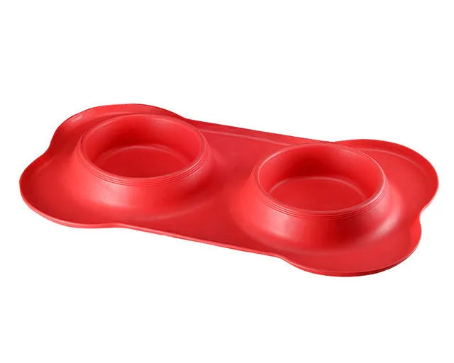 Bone silicone pet double bowl with stainless steel inner layer, non-slip base, 46x27x15cm in black
